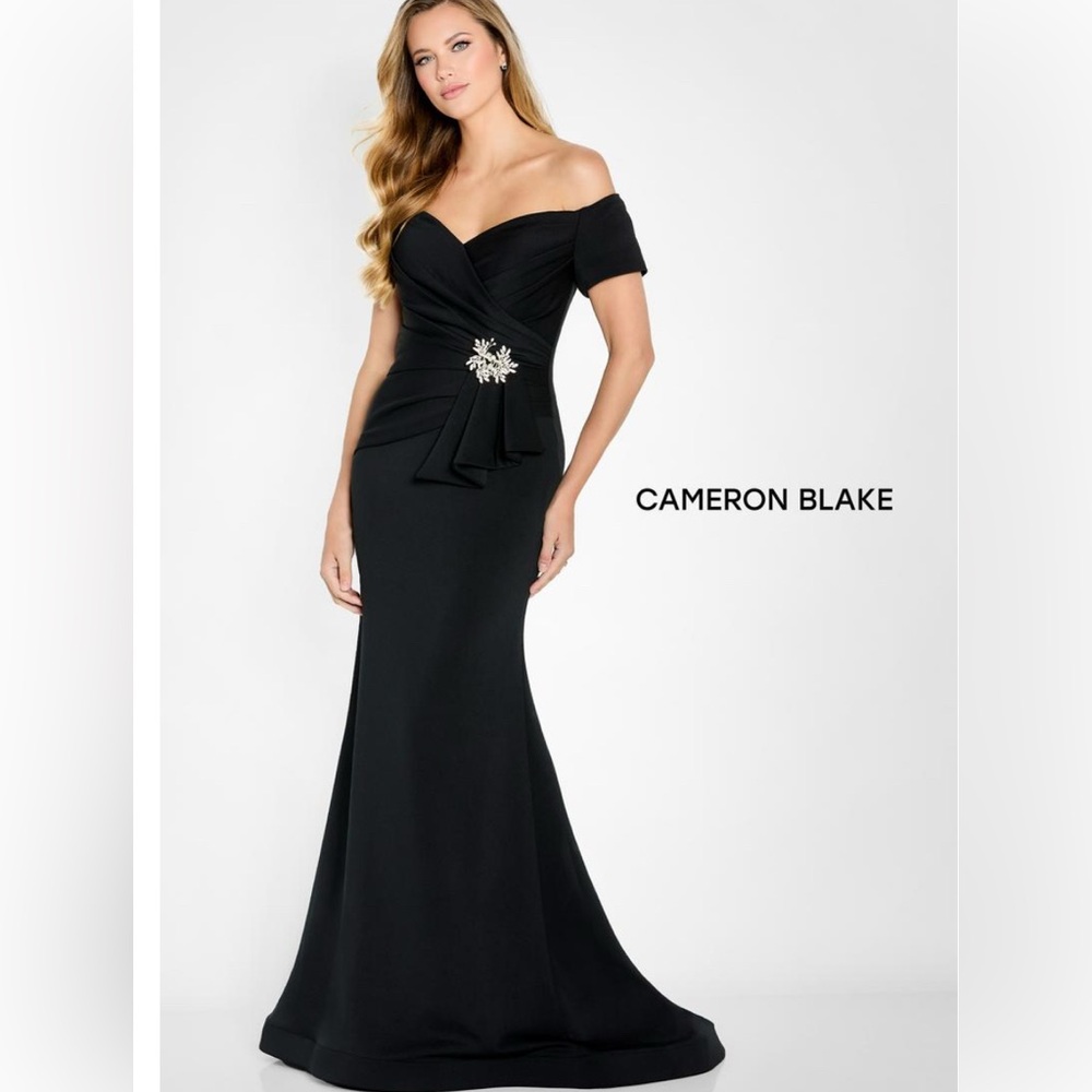 Cameron Blake Black Off-Shoulder Maxi Dress with Embellished Brooch